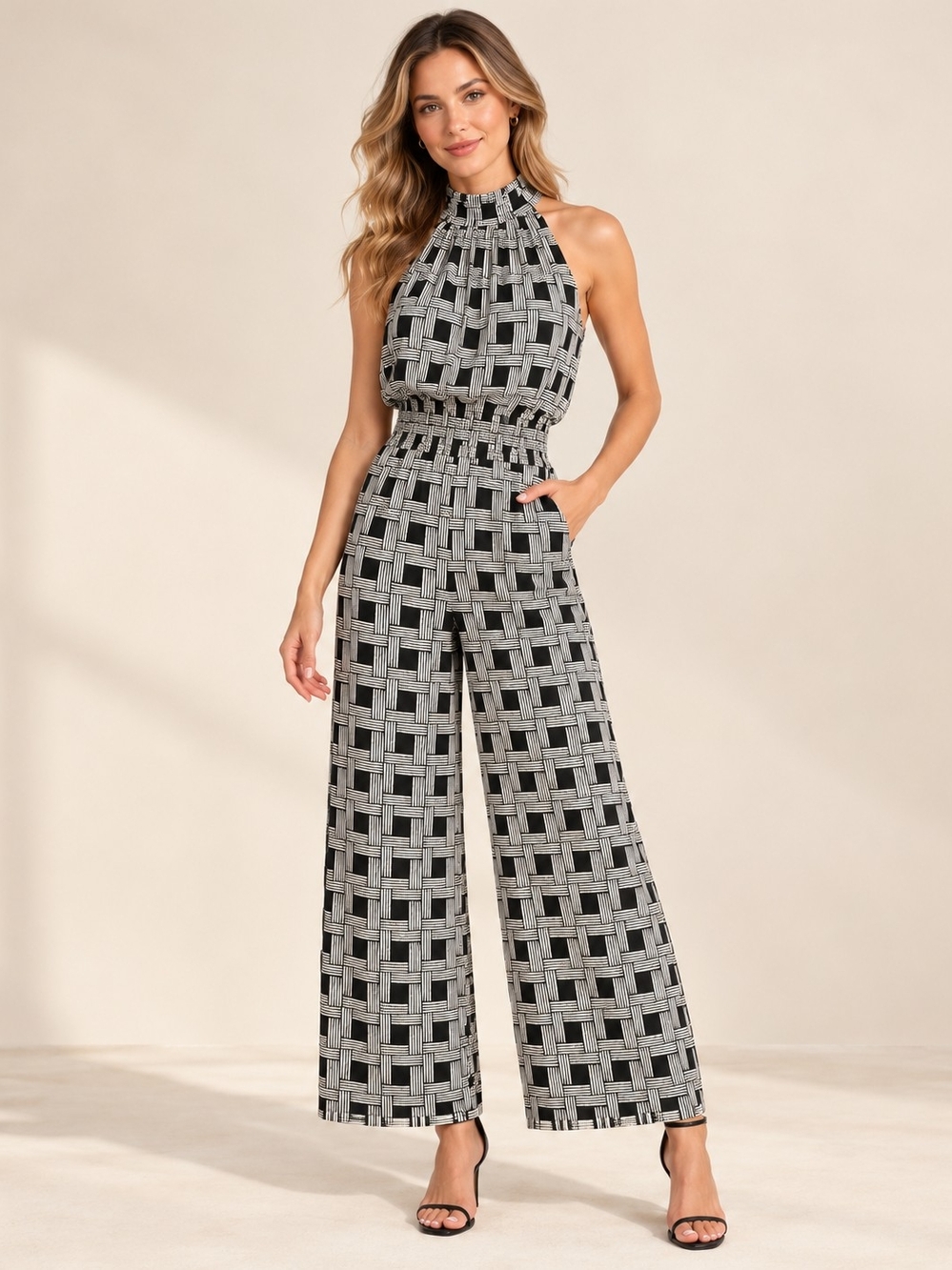 Enfocus Studio Black & White High-Neck Geometric Jumpsuit
